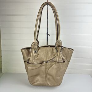 Tignanello Gold Metallic Pebbled Leather Satin Lined Shoulder Tote Bag Pockets